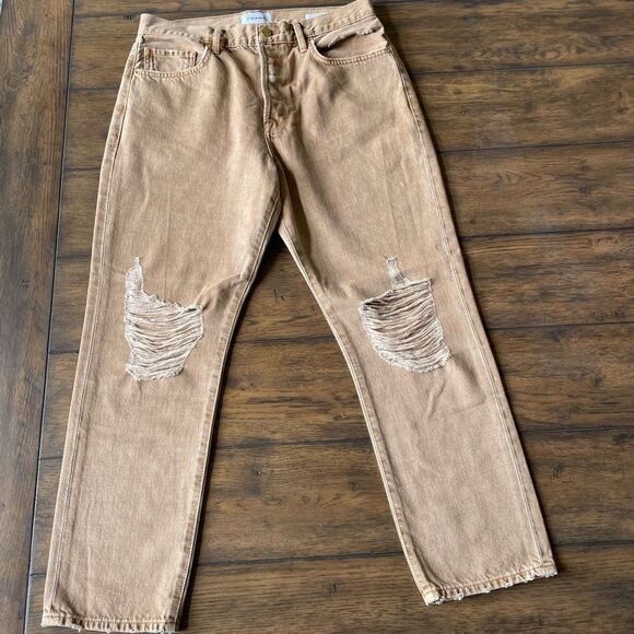 FRAME Le Original Women’s High Waist Slim Straight Leg Crop Jeans Distressed Tan - Picture 3 of 11